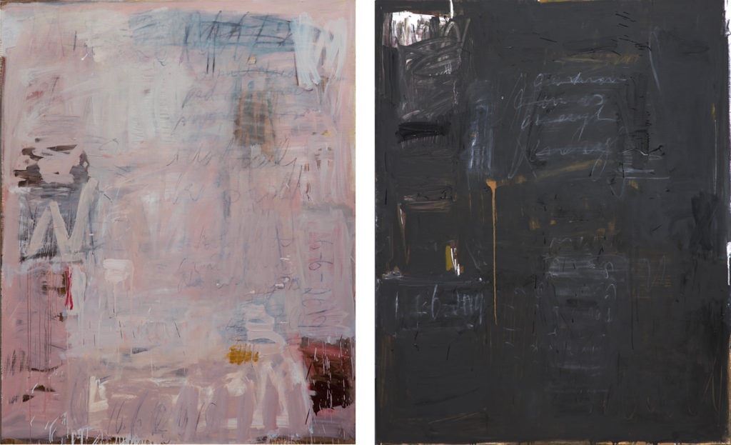 SYLVIA McEWAN_PINK AND BLACK ABSTRACT_diptych_152x244cm_oil on linen_SOLD